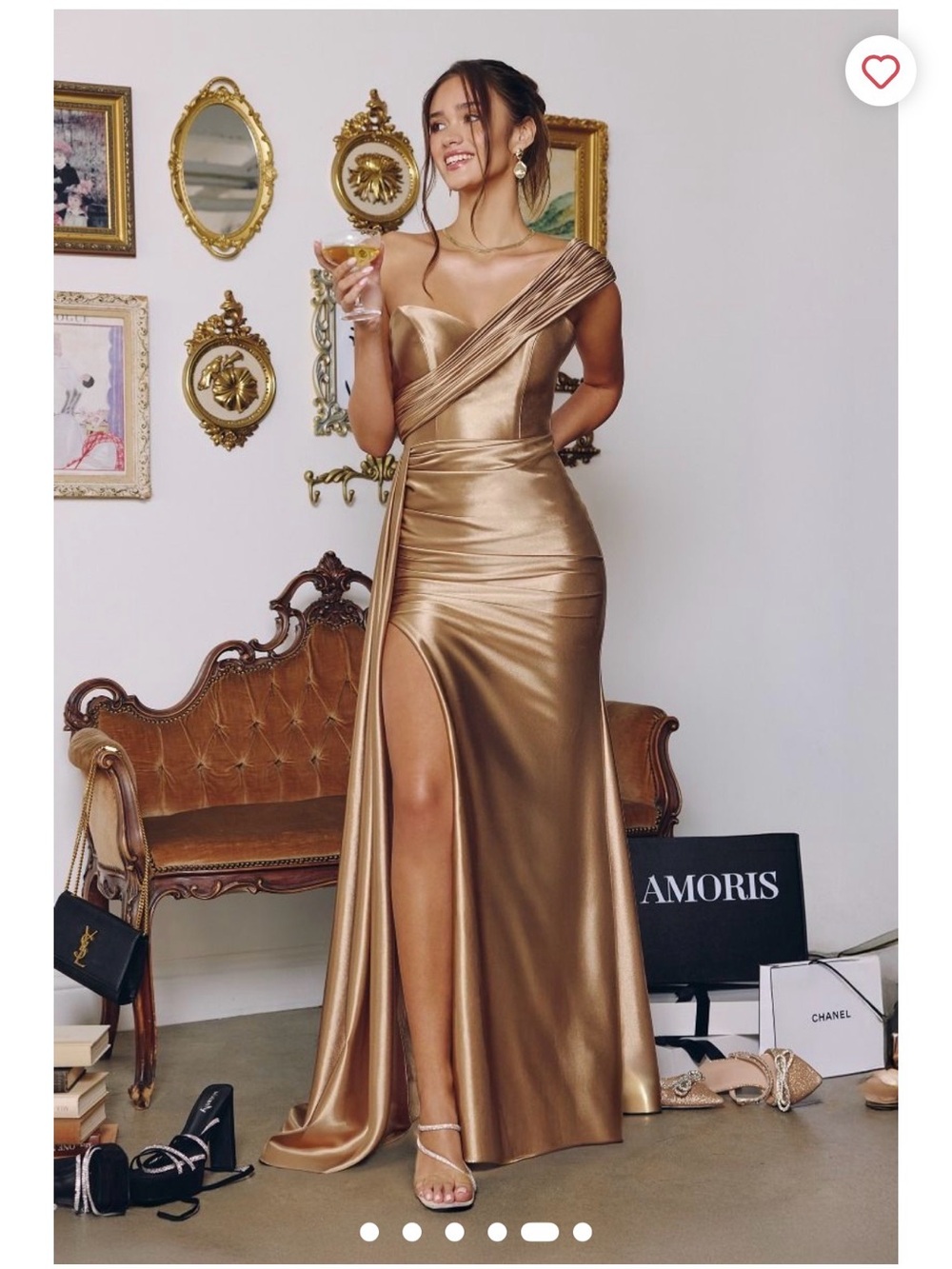 One-Shoulder Gold Satin Evening Gown - Picture 4 of 5